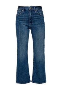 Blauwe denim jeans met een hoge taille, brede pijpen en subtiele whiskering-details. De stof heeft een gladde textuur met een klassiek vijf-pocket ontwerp.