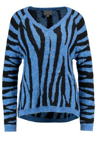 Blå och svart randig tröja med V-ringning, gjord av ett mjukt, texturerat material. Lätt lös passform, med en något böjd nederkant och hela ärmar.