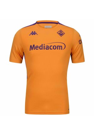 Maglietta arancione a maniche corte con dettagli e loghi viola. Realizzata in tessuto traspirante, presenta un collo rotondo e una finitura testurizzata.