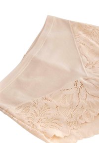 Beige pitsit aluspesu dengan pola floral, dilengkapi dengan pinggang yang halus dan elastis serta tepi renda yang lembut. Tekstur kain yang lembut.