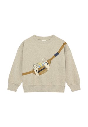 Szara bluza z okrągłym dekoltem, opuszczanymi ramionami i nadrukiem w stylu kreskówki przedstawiającym kieszeń z paskiem. Miękka tekstura i ściągacze na mankietach.