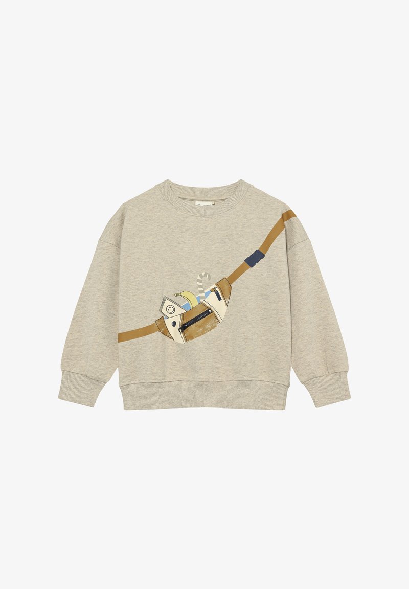 Sweatshirt gris à col rond, épaules tombantes, avec un imprimé cartoon d'une poche avec une lanière. Texture douce et poignets côtelés.