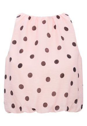 Ροζ αμάνικη μπλούζα με μαύρες πουά και ελαστικό ντεκολτέ και τελείωμα που δημιουργούν σούρες και ένα εφέ μπαλονιού.