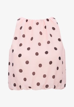 Rosa ärmelloses Oberteil mit schwarzen Polka-Dots und einem elastischen Ausschnitt sowie Saum, die einen gerafften Balloneffekt erzeugen.
