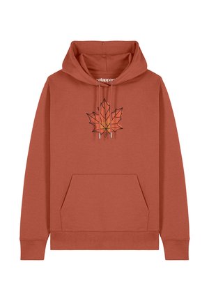 Roodbruine hoodie met een voork pocket, versierd met een grafiek van overlappende esdoornbladeren in oranje met zwarte omlijning. Lichtgewicht katoenmix.