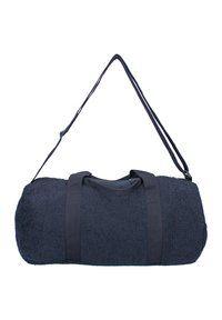 Sac de sport rond bleu marine en tissu texturé, doté de deux poignées en tissu et d'une bandoulière réglable.