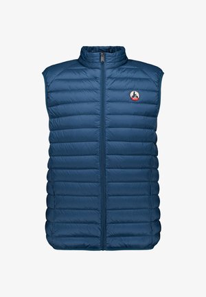 Gilet trapuntato senza maniche blu navy con cerniera frontale e piccolo distintivo rotondo con logo sul petto.