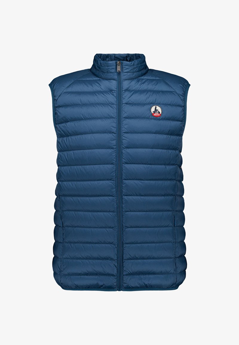 Marineblauwe mouwloze gewatteerde bodywarmer met ritssluiting aan de voorkant en een kleine ronde logopatch op de borst.