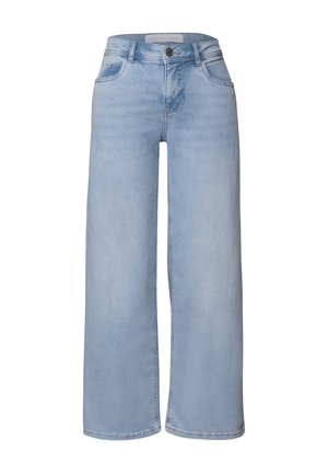 Lichtblauwe wijde denim jeans met een klassieke vijf-pocketstijl, knoopsluiting en een losse pasvorm met rechte pijpen.