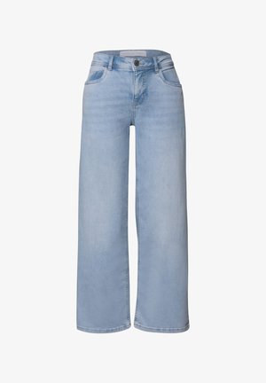 Helle blaue weit geschnittene Jeans aus Denim, mit klassischem Fünf-Taschen-Design, Knopfverschluss und lockerer Passform mit geraden Beinsäumen.