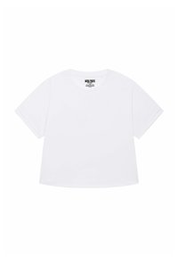 Korte mouwen, cropped witte t-shirt met een ronde hals, met het label "MIRA PARIS" gedrukt binnen de kraag.