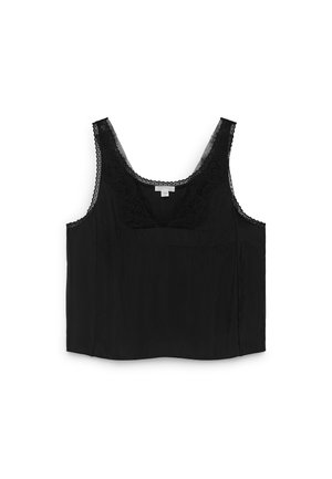 Black satin tank top with lace trim along the neckline and armholes, featuring a relaxed fit and a straight hem.