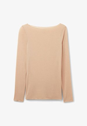 Haut à manches longues en beige clair, fabriqué en tissu doux. Présente un encolure dégagée large et un ourlet droit avec de subtils fentes latérales.