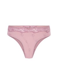 Lingerie rose avec une bordure en dentelle florale à la taille, présentant une texture douce et un accent en nœud au centre, conçue dans une coupe tanga.