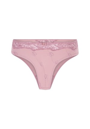 Roze lingerie met bloemenkant aan de taille, met een zachte textuur en een strikaccent in het midden, ontworpen in een stringmodel.