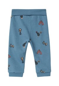 Blauwe katoenbroek met een circusontwerp met dieren, waaronder een leeuw, olifant en hond, evenals tenten en ballen, geribbelde boorden.