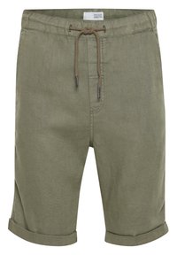 Pantaloni corti verde oliva in cotone misto, caratterizzati da una vita con cordino, risvolti sulle maniche e una tasca frontale con dettagli di cucitura delicati.