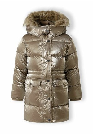 Abrigo de invierno acolchado de bronce metálico con capucha forrada de piel, botones a presión delanteros, cremallera y dos bolsillos con solapa.