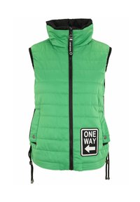 Grüne Pufferweste mit hohem Kragen, Reißverschluss vorne, schwarzen Akzenten und einem "ONE WAY" Logo-Patch. Verfügt über verstellbare Kordelzüge am Saum.