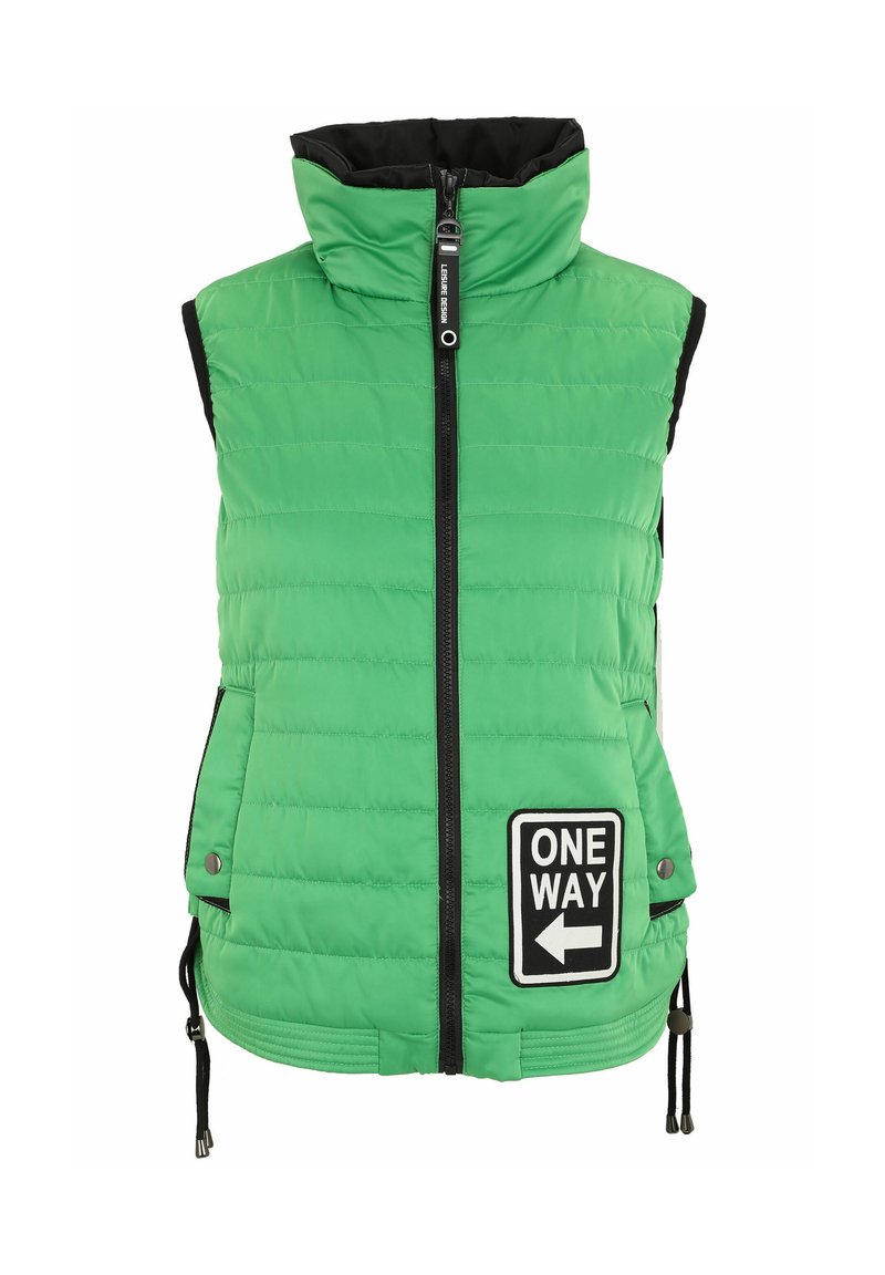 Grüne Pufferweste mit hohem Kragen, Reißverschluss vorne, schwarzen Akzenten und einem "ONE WAY" Logo-Patch. Verfügt über verstellbare Kordelzüge am Saum.