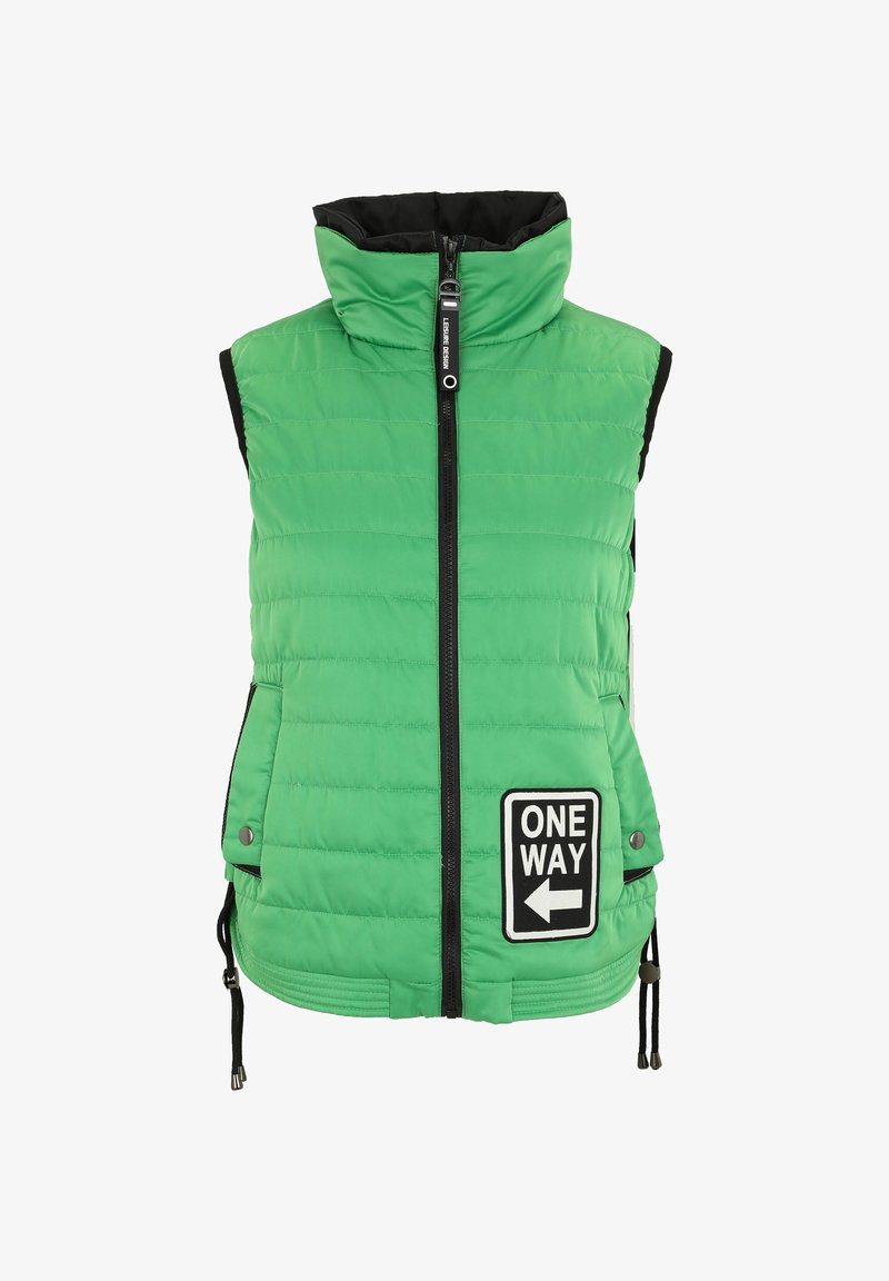 Grüne Pufferweste mit hohem Kragen, Reißverschluss vorne, schwarzen Akzenten und einem "ONE WAY" Logo-Patch. Verfügt über verstellbare Kordelzüge am Saum.