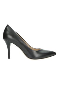 Černé kožené lodičky s vysokým podpatkem, špičatou špičkou, elegantním designem, 10 cm podpatkem a hladkým povrchem. Žádná viditelná zdobení.