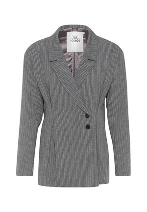 Szürke csíkos blazer dupla soros kialakítással, széles hajtókákkal és két fekete gombbal. Az akasztónál sima bélés anyag látható.