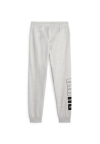 Szare dresy wykonane z miękkiego materiału, z czarnym nadrukiem graficznym po lewej stronie oraz elastycznym paskiem i mankietami.