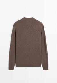 Brown long-sleeve sweater, made of soft knit fabric, features a crew neckline and a simple, textured finish without any visible logos or patterns.