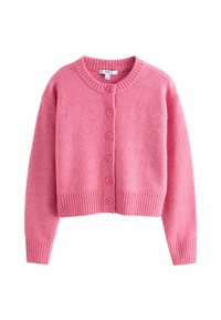 Cardigan de lana rosa con cuello redondo, dobladillo acanalado y cierre frontal con botones. Cuenta con mangas largas y una textura suave.