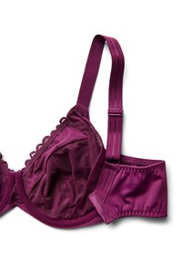 Paars bh met doorschijnende mesh cups met geschulpte randen, verstelbare bandjes en naadloze onderband voor ondersteuning.