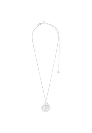 Silver chain necklace with a spiral shell-shaped pendant and an adjustable clasp chain extender on white background.
