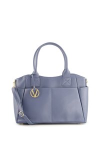 Light blue leather handbag with dual short handles and detachable shoulder strap. Features gold-tone hardware and subtle stitch detailing.
