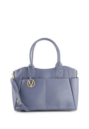 Hellblaues Lederhandtasche mit zwei kurzen Tragegriffen und abnehmbarem Schultergurt. Ausgestattet mit goldfarbenen Beschlägen und subtilen Nähdetails.