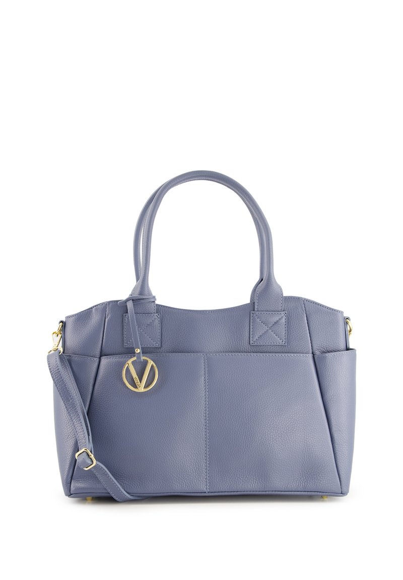 Light blue leather handbag with dual short handles and detachable shoulder strap. Features gold-tone hardware and subtle stitch detailing.