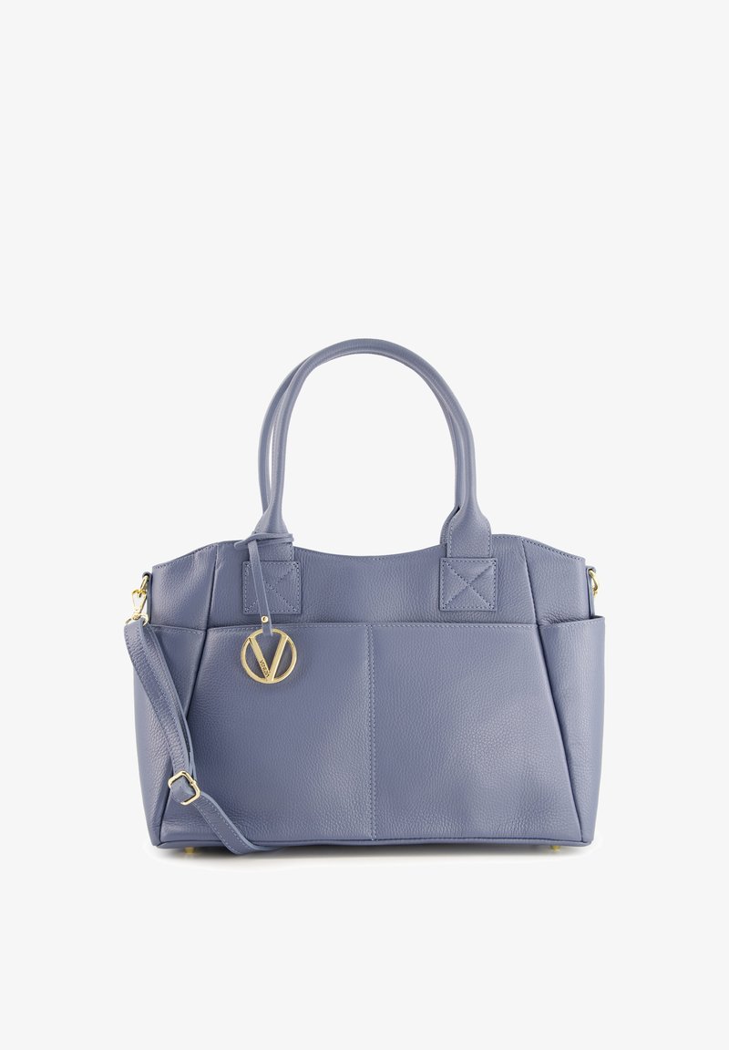 Light blue leather handbag with dual short handles and detachable shoulder strap. Features gold-tone hardware and subtle stitch detailing.