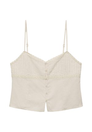 Kremfarvet ærmeløs camisole top med tynde justerbare stropper, knaplukning foran, blondestrimle langs bryst og talje.