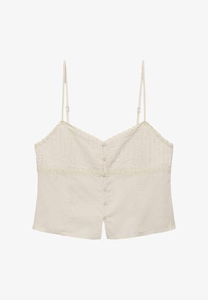 Krém színű ujjatlan top vékony, állítható pántokkal, gombos elejű, csipke szegéllyel a mellrésznél és deréknál.