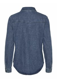 Chemise en denim bleu foncé à manches longues avec poignets boutonnés vue de dos, présentant une couture au niveau de la partie supérieure du dos.