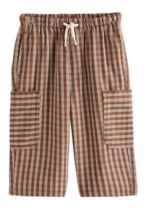 Bruin-wit gestreepte korte broek met een elastische tailleband, trekkoord, zijzakken en twee cargozakken op de benen.