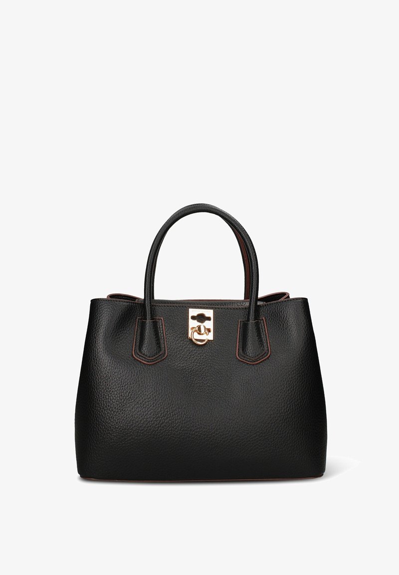 Zwarte leren handtas met een gestructureerd oppervlak, een stevige vorm, twee handvatten en hardware in goudkleur. Afgewerkt met contrasterende bruine stiksels.