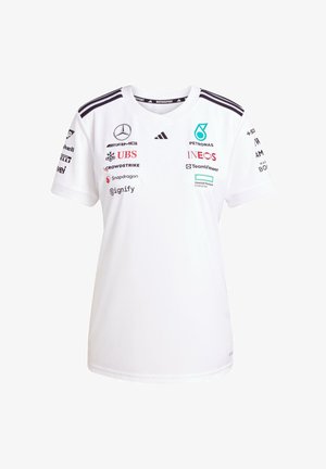 White sports t-shirt with short sleeves, round neck, featuring black stripes on shoulders and multiple sponsor logos printed on the front.