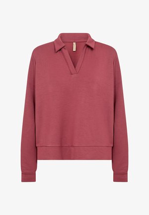 Horčicovo hnedoružový dlhý rukáv s výstrihom do V a golierom, vyrobený z mäkkej tkaniny, s voľným strihom a rebrovanými manžetami.