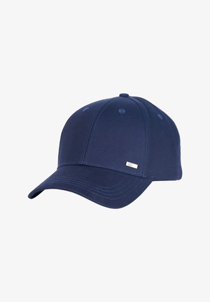 Navyblå baseballkasket med buet skygge, syede paneler, ventilationshuller og lille metal logo på frontens venstre side.