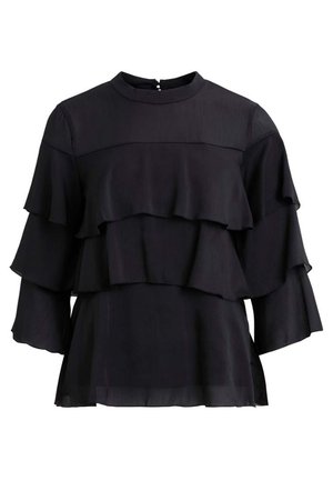 Sort langærmet bluse med mock-neck og lagdelte flæselag på ærmer og krop, med knaplukning bagpå.