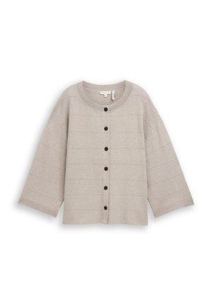 Cardigan beige chiaro con collo rotondo, con dettagli a costine, maniche lunghe e cinque bottoni neri disposti davanti in una fila orizzontale.