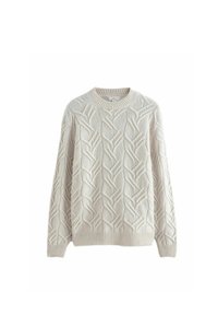 Hellbeige gestrickter Pullover mit strukturiertem Kabelmuster, Rundhalsausschnitt und gerippten Bündchen. Weicher Stoff mit lockerer Passform, keine sichtbaren Verschlüsse.