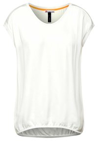 Vit kortärmad topp med rundad nacke, rynkad i botten, med en kontrasterande orange detalj inuti kragen.