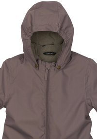 Brown hooded jacket with a smooth exterior, zip closure, and snap buttons. Fleece lining visible around the hood opening.