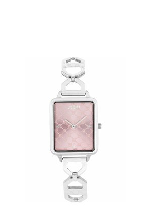 Silver rectangular wristwatch with pink patterned dial and linked geometric metal bracelet, showing time at 9:10.